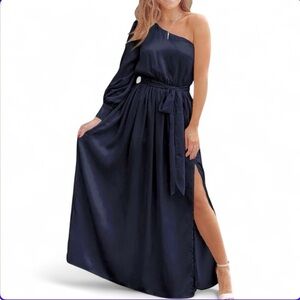 Satin Long Sleeve One Shoulder Maxi Dress Cocktail Party Navy Blue Large NWT